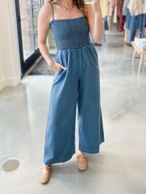 Stich and Feather Smocked Denim-Look Wide Leg Jumpsuit - Slate Blue